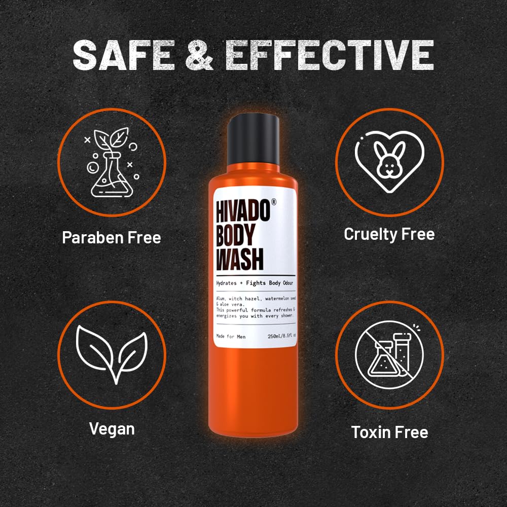Hivado Body Wash for Men| Hydrating Bodywash for Men | De-tan & Deep Cleanse for men | Sulfate free | With Alum & Aloe Extracts | Non-drying | Refreshing Fragrance, 250ml