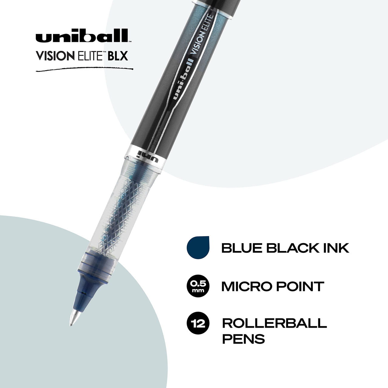 Uniball Vision Elite BLX Rollerball Pens, Blue/Black Pens Pack of 12, Micro Pens with 0.5mm Ink Black Pen