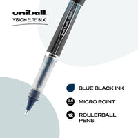 Uniball Vision Elite BLX Rollerball Pens, Blue/Black Pens Pack of 12, Micro Pens with 0.5mm Ink Black Pen