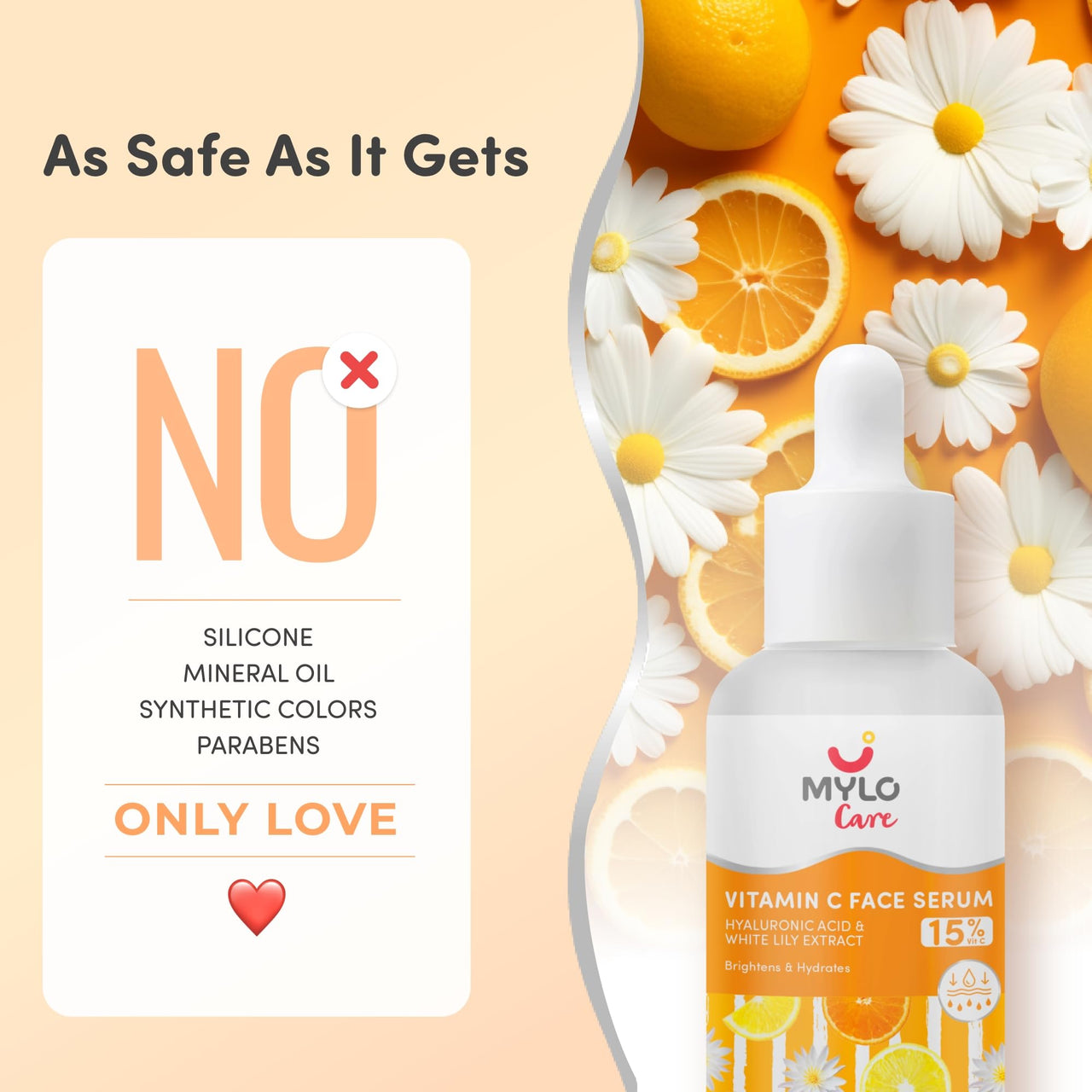 Mylo 15% Vitamin C Face Serum with Hyaluronic Acid & Daisy Flower Extract | Brightens Skin | Reduces Fine Lines, Wrinkles & Dark Spots 30 ml