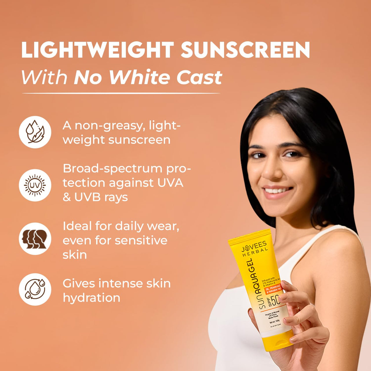 Jovees Herbal Sun Aqua Gel SPF 50 PA+++ | Lightweight, Water-Like Texture | 1% Hyaluronic Acid | Non-Greasy, No White Cast | Perfect for Oily & Combination Skin 100g