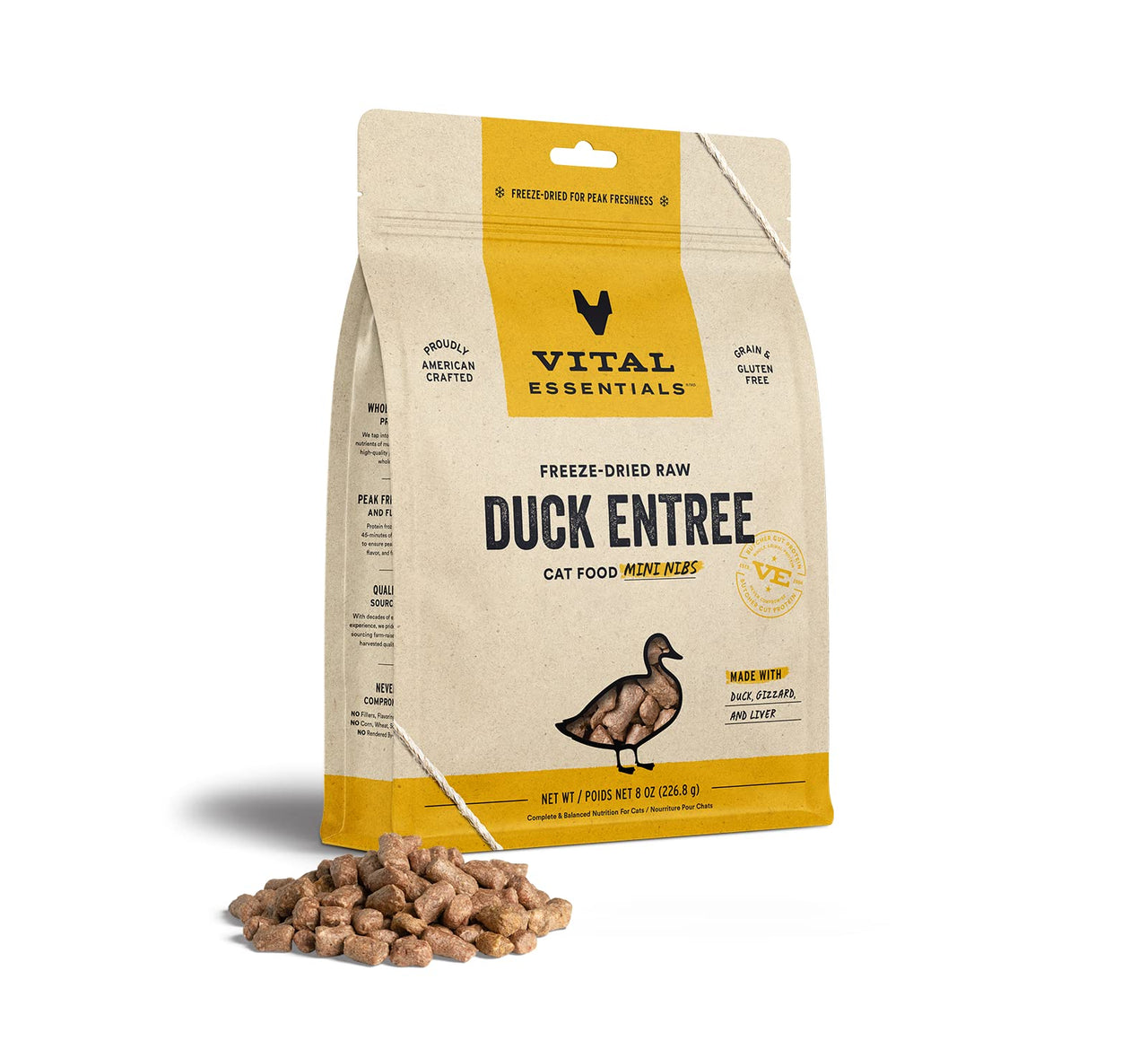 Vital Essentials Freeze Dried Raw Cat Food, Duck Mini Nibs Entree, 8 oz