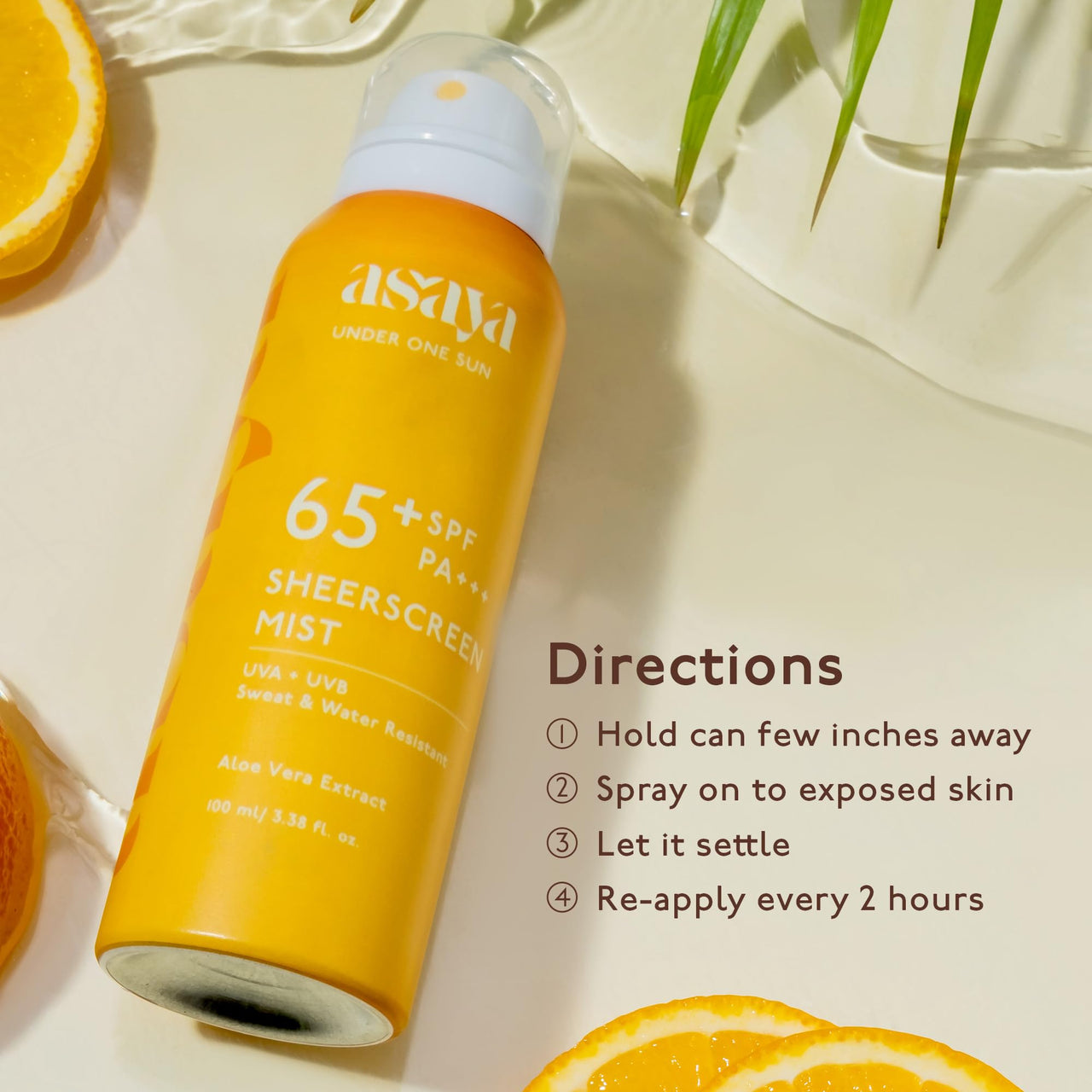 Asaya SPF 65+ Waterproof Sunscreen Spray | Broad Spectrum UVA/B Protection | Blue Light Sunscreen Protection | Quick Drying & Lightweight | No White Cast & Invisible Finish | Matte Finish | With Aloe Vera Extract for Hydration | Sweat & Water Resistant |