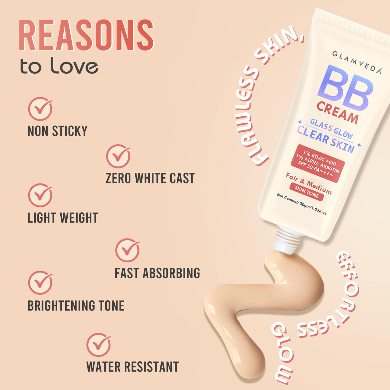 Glamveda BB Cream for Fair & Medium Skin Tone With SPF 50++++ | Lightweight, Non-Sticky & Waterproof | Covers Dark Spots & Evens Skin Tone | Natural, Dewy Finish | Hydrating & Durable (30 gm)