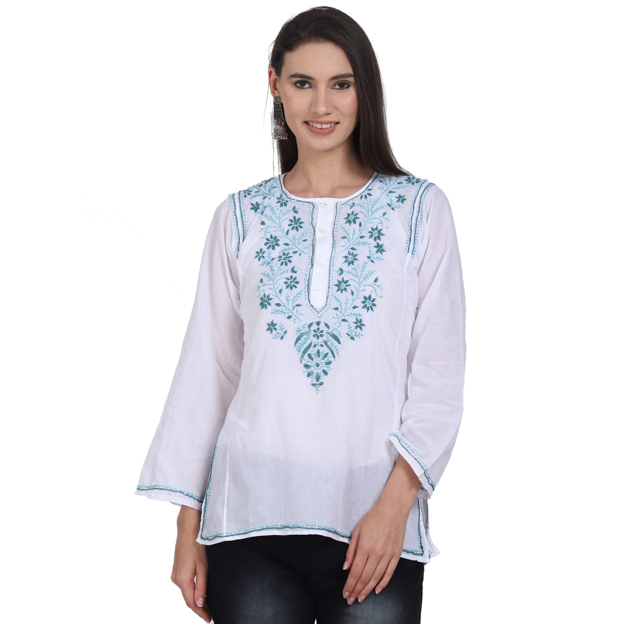 Paramount Women's  Chikankari Cotton White Straight Short Kurta Navy XS