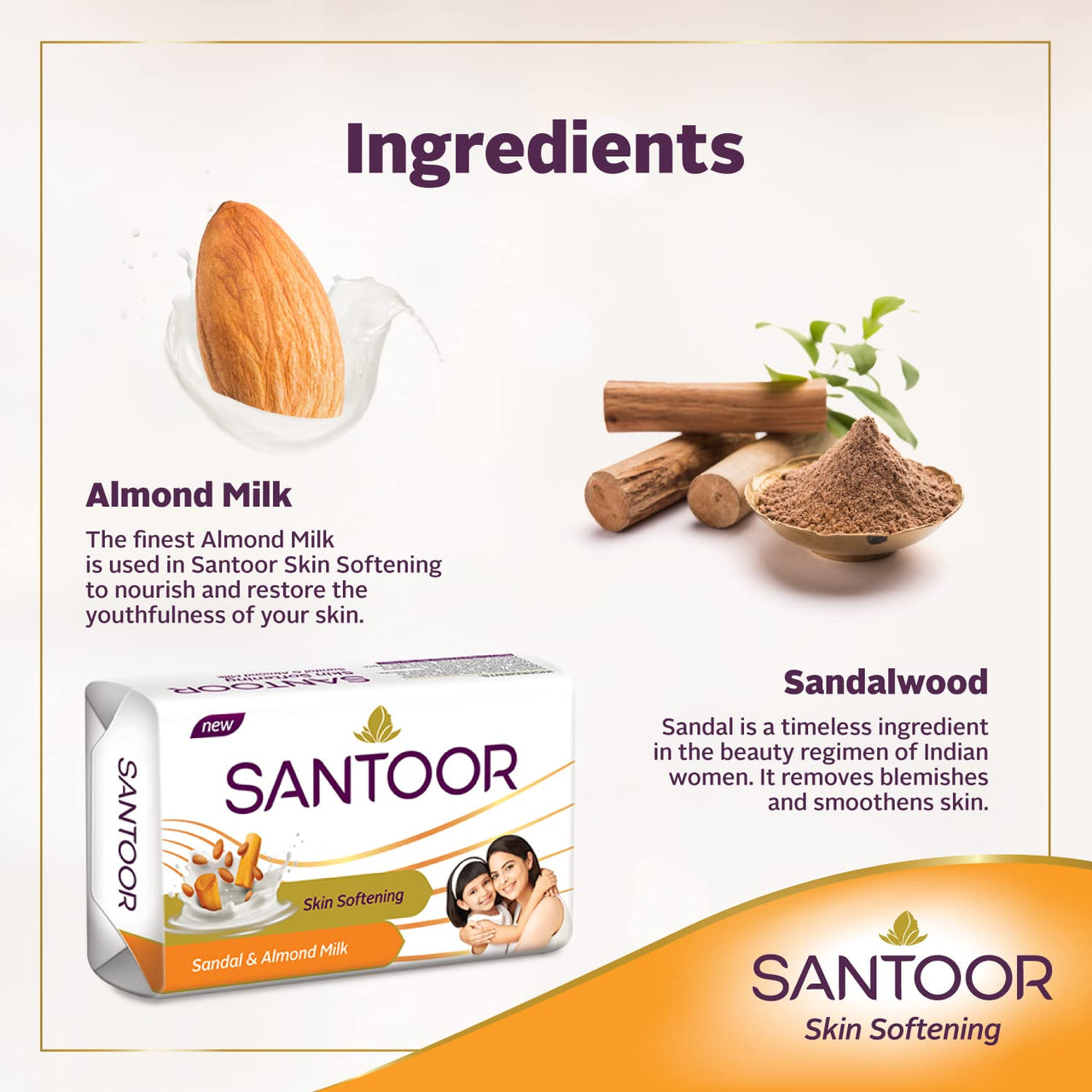 Santoor Sandalwood and Almond milk Organic Soft Bath Soap for Softer, Smoother and Moisturised Skin, Combo Offer 150 g pack of 12