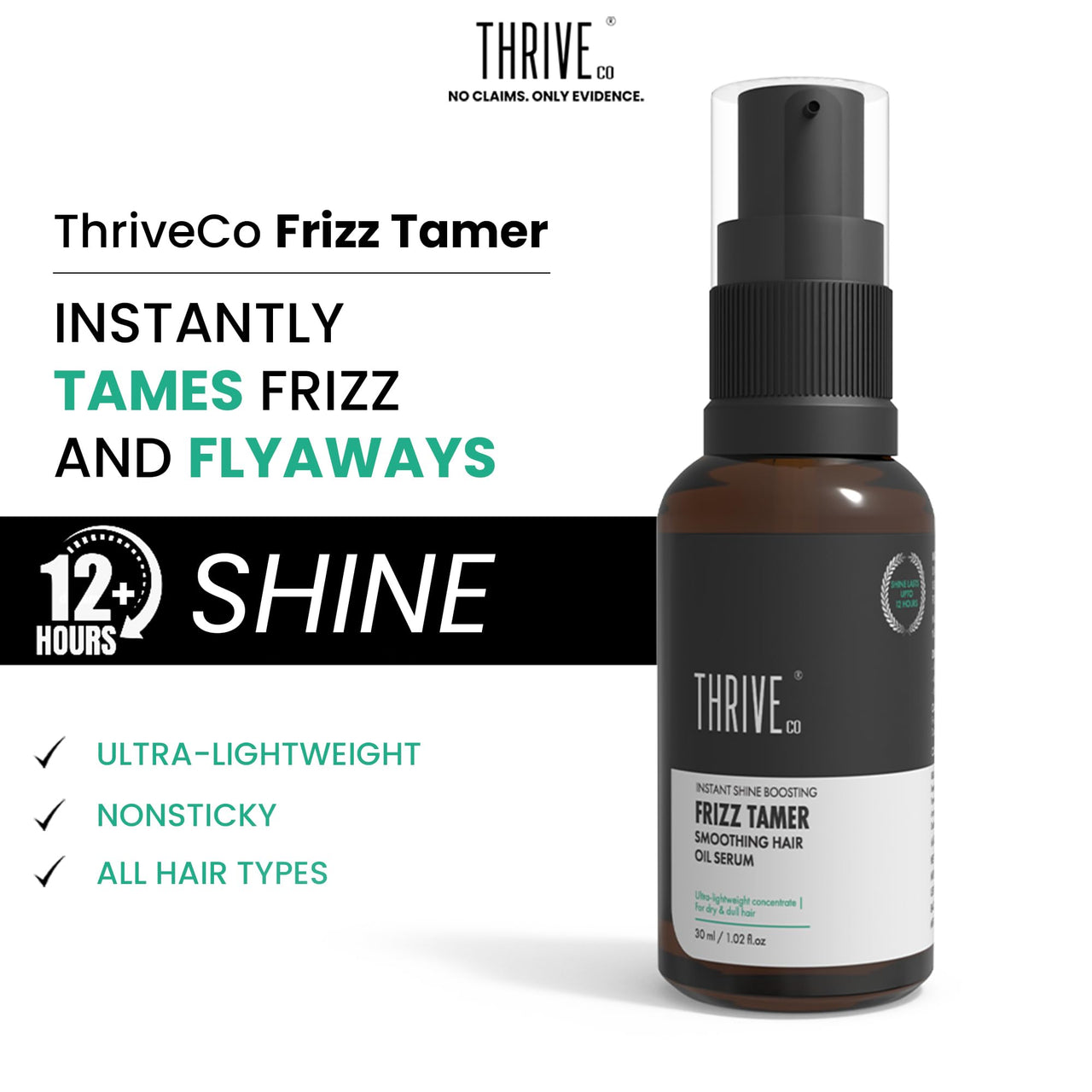 ThriveCo Frizz Tamer Smoothing Hair Oil Serum | For Smooth & Frizz-Free Hair | Gives Shine Up To 12 Hours | Hydrates Frizzy, Dry & Dull Hair | With Jojoba Oil, Mahua Oil | For Men & Women | 30ml