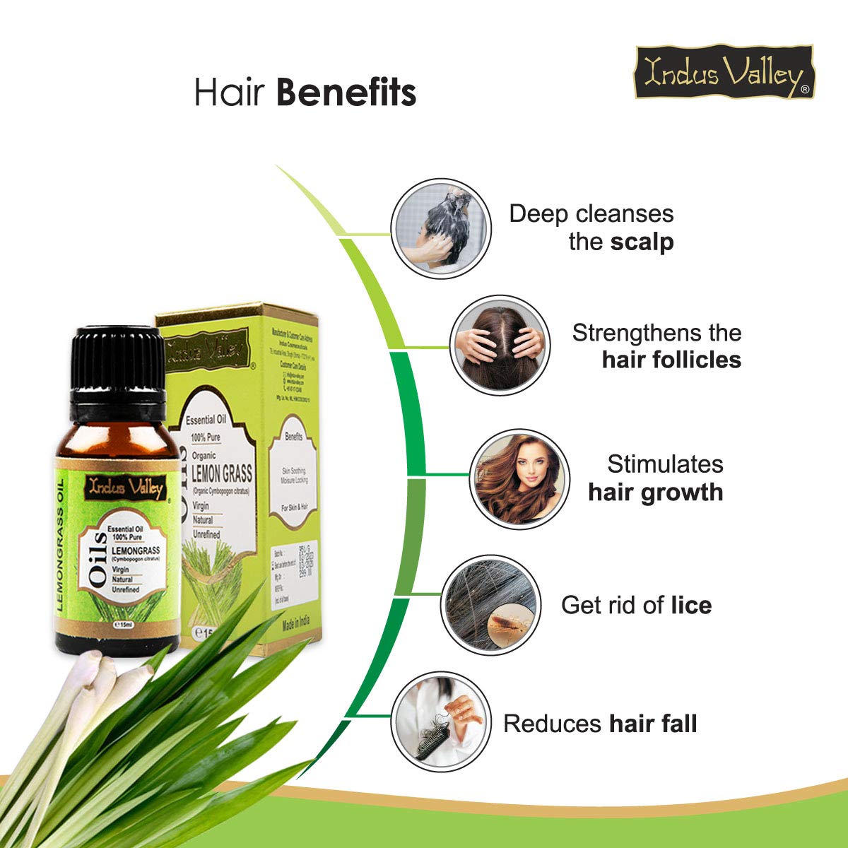 Indus Valley 100% Pure Natural & Organic, Undiluted lemongrass Essential Oil with Glass Dropper for Skin, Hair Care -15ml