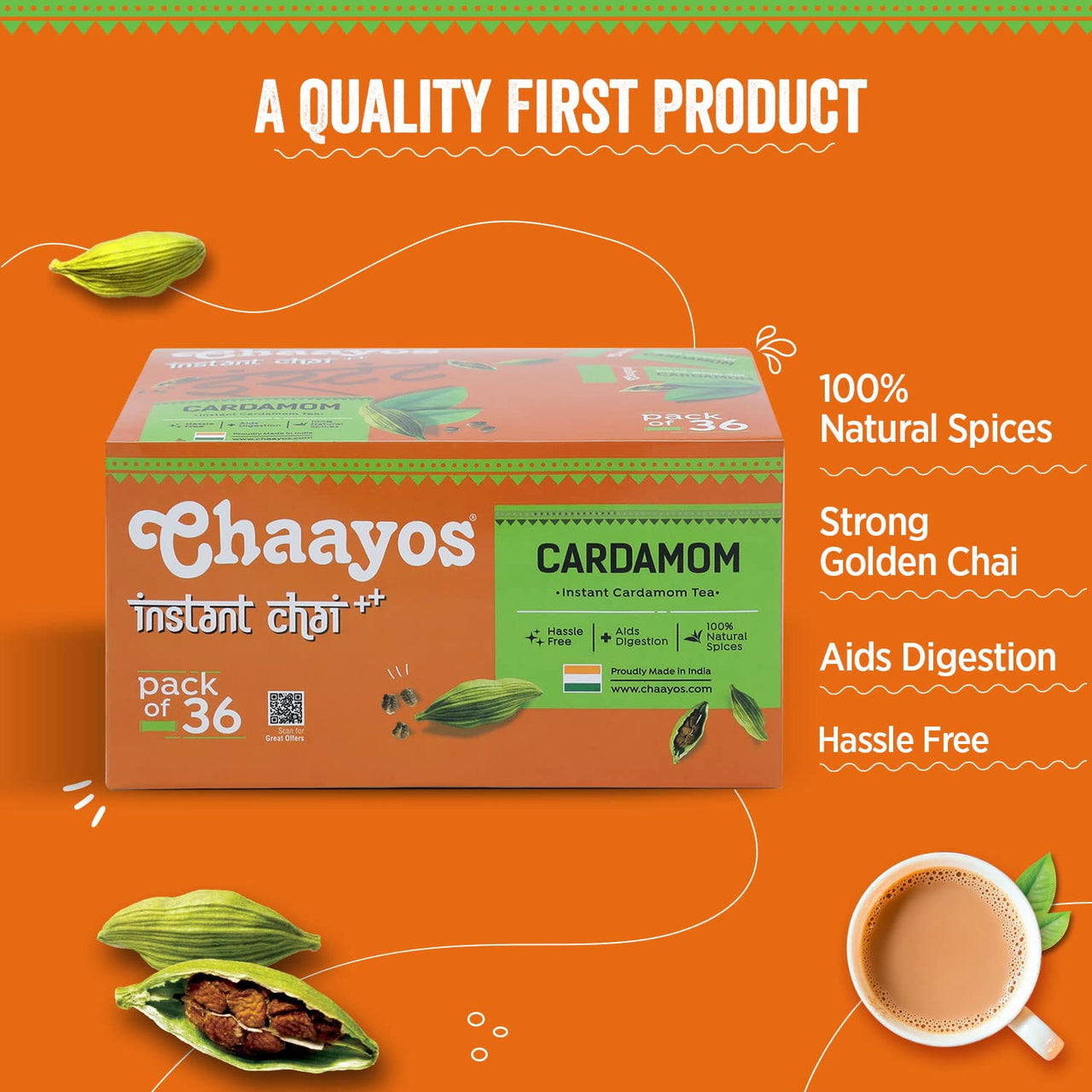 Chaayos Instant Assam Tea Powder Premix|Cardamom|Regular Sugar (14G * 36 Sachets)|Elaichi Chai|Cardamom Tea|1 Min Chai|Assam Tea|Masala Tea Premix,510 Gm