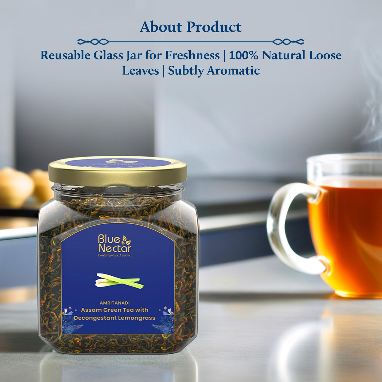 Blue Nectar Green Tea Leaves with Decongestant Lemongrass | Loose Green Leaves Sourced from Assam | Reusable Glass Jar (50 gm + 15 gm Free)