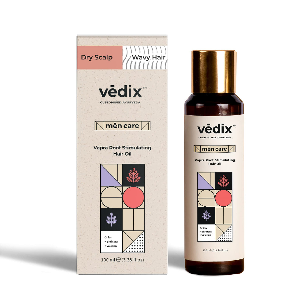 Vedix Customized Ayurvedic Men's Hair Oil for Growth - Vapra Root Stimulating Oil With Onion, Bhringraj, Valerian - For Dry Scalp & Wavy Hair - 100ml