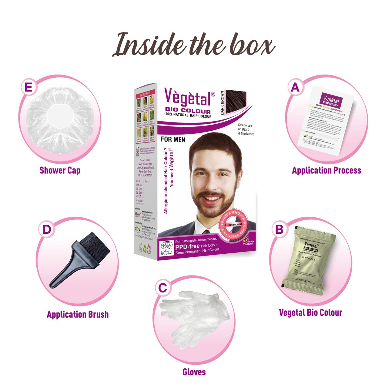 Vegetal Bio Colour Natural Dark Brown Hair Colour for Men, PPD-free, Semi-Permanent, Safe for Beard and Mustache 25g. (Pack of 2)