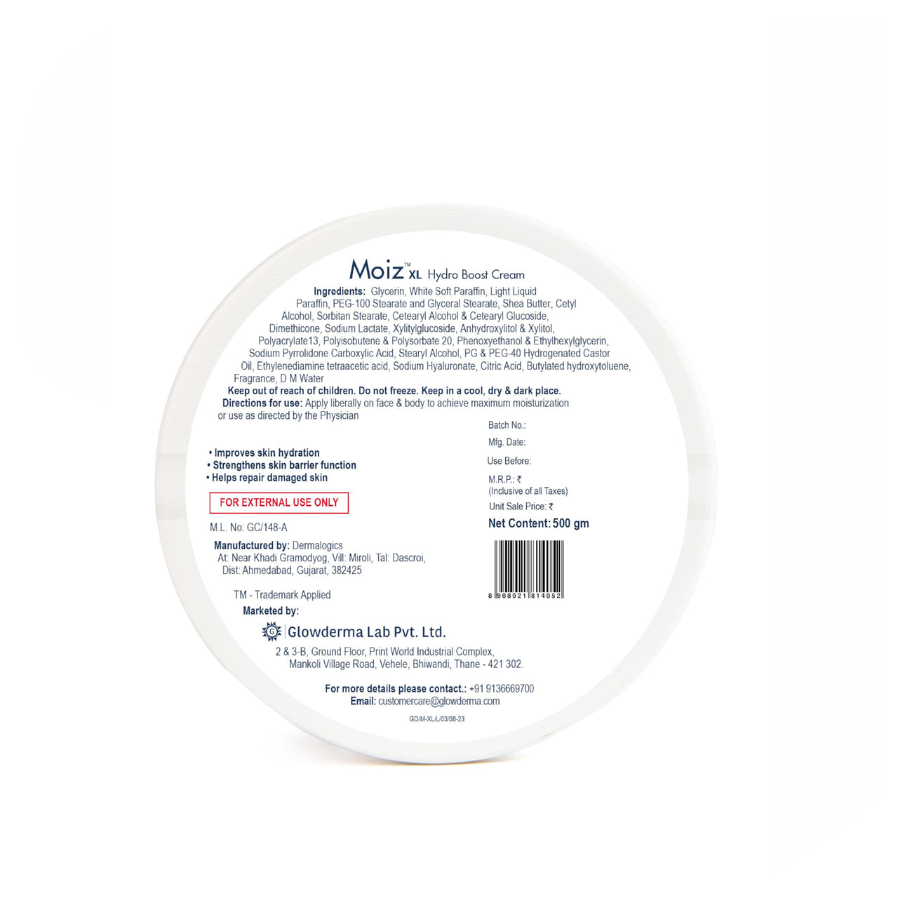 Moiz XL Hydro Boost Face & Body Cream | For Dry to Very Dry Skin | Formulated with 13 Moisturizers | Paraben Free & Cruelty-Free - 500gm