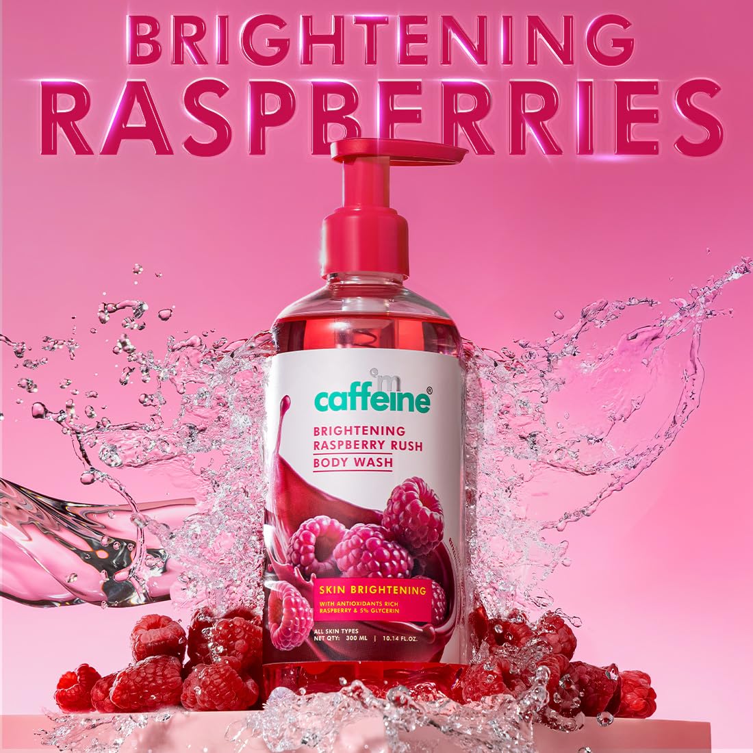 mCaffeine Brightening Body Wash - 300 ml with Fruity Raspberry Fragrance | De-Tans & Deep Cleanses with Vitamin C Rich| 5% Glycerin for Hydrated & Soft Skin | Fragrance Shower Gel for women and men