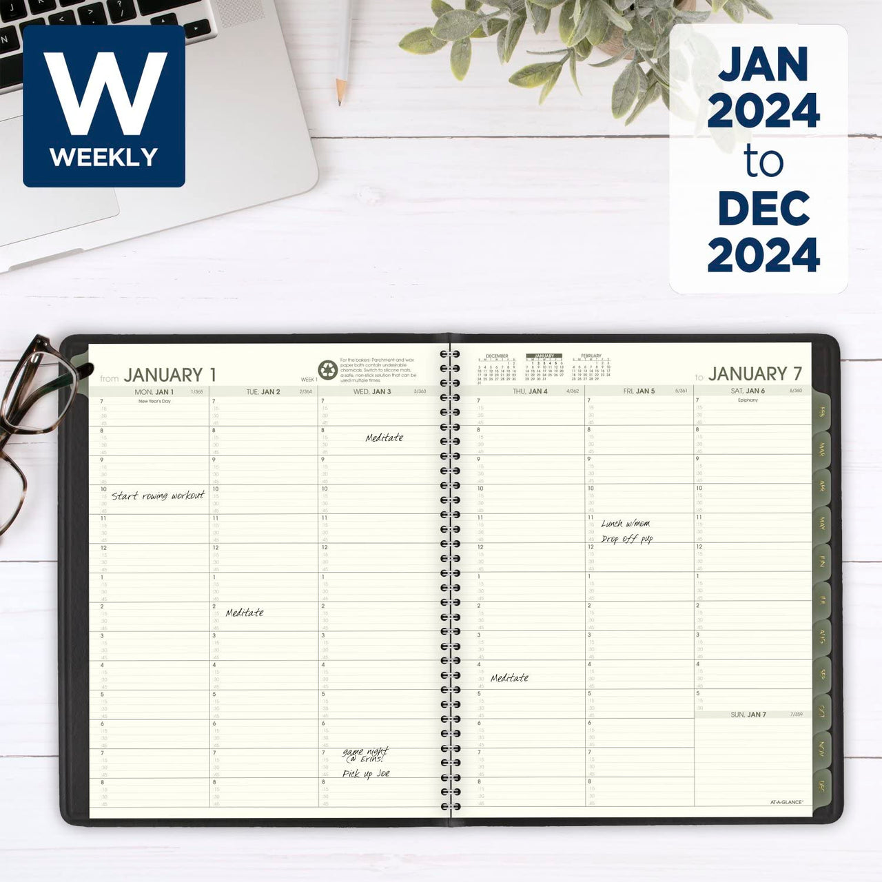 AT-A-GLANCE 2024 Weekly & Monthly Planner, Quarter-Hourly Appointment Book, 8-1/4" x 11", Large, Recycled, Black (70950G0524)