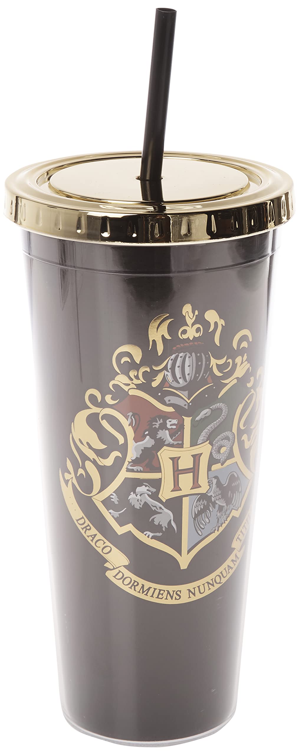 Spoontiques - Harry Potter Tumbler - Hogwarts Crest Foil Cup with Straw - 20 oz - Acrylic -Black