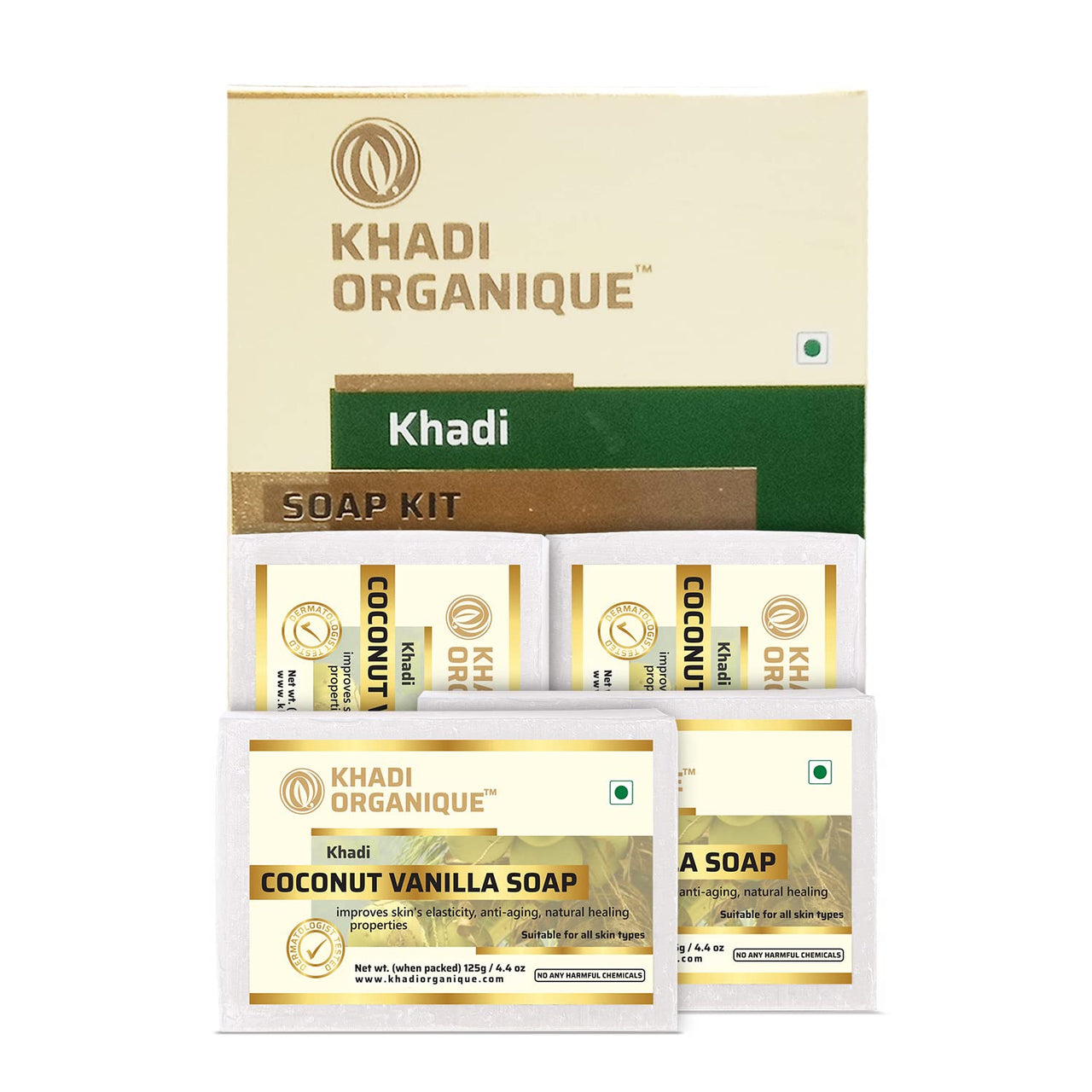 Khadi Organique Pure Natural Herbal & Handmade Coconut Vanilla Soap Combo Kit Pack of 4 500 gm