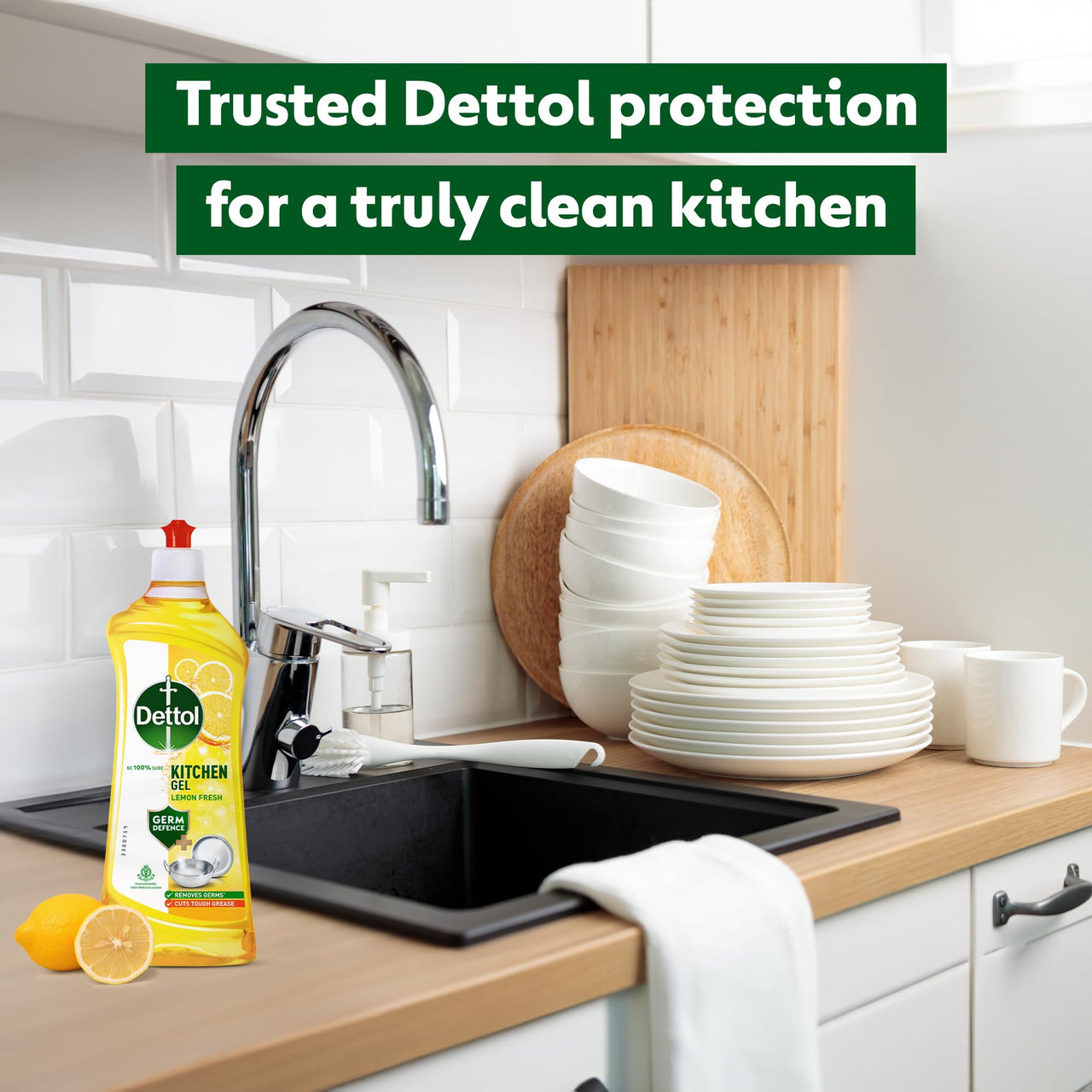 Dettol Lemon Fresh Dishwash liquid and Cleaning Gel || Cuts Tough Grease || Remove germs || 750ml, bottle