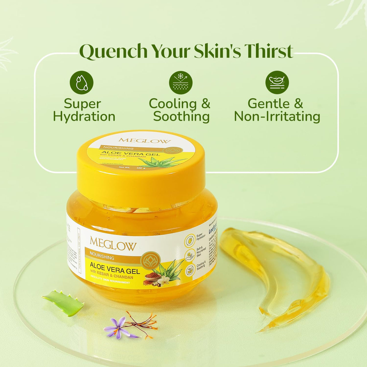 Meglow by Leeford | Nourishing Aloe Vera Gel with Kesar Chandan | Pure Aloe Vera, Kesar Chandan Gel | Organic Aloe Vera Gel for Face | Ayurvedic Formula for Skin Nourishment Pack of 3 (100g each)