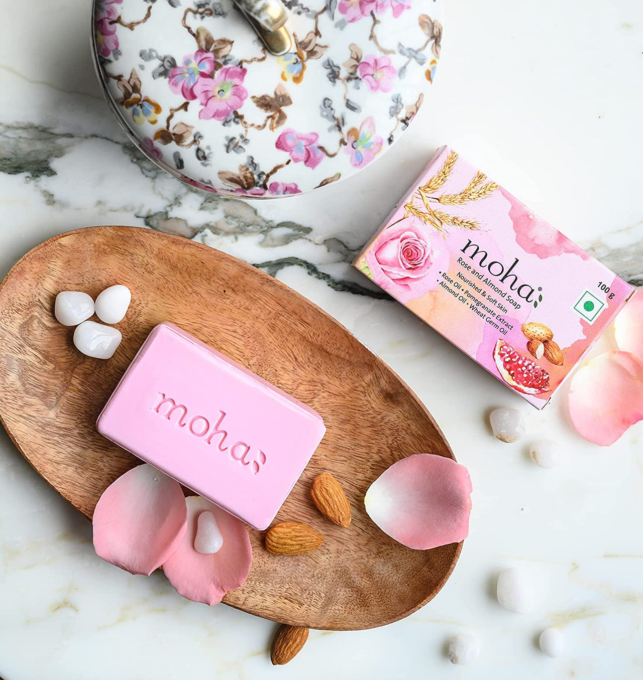 moha: Rose and Almond Bath Soap Unisex Bathing Bar with the benefits of Rose oil Pomegranate extract Almond oil wheat germ oil for soft, nourished and youthful skin - 100gm (Pack of 3)