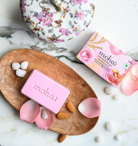 moha: Rose and Almond Bath Soap Unisex Bathing Bar with the benefits of Rose oil Pomegranate extract Almond oil wheat germ oil for soft, nourished and youthful skin - 100gm (Pack of 3)