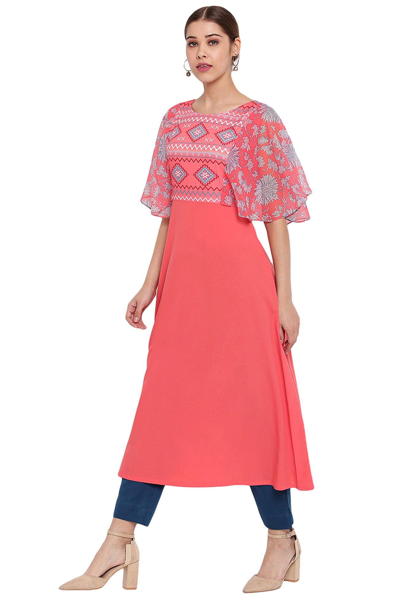 Janasya Women's  Coral Poly Crepe Kurta