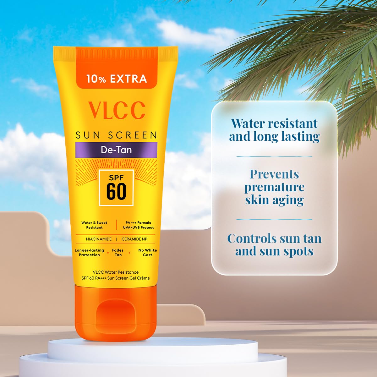 VLCC De-Tan Water Resistant SPF 60 PA+++ Sunscreen Gel Crème - 100g + 10g Extra | With Niacinamide, Ceramides & Vitamin E | Protects from UVA, UVB Rays, Sun Damage, Skin Darkening and Premature Ageing