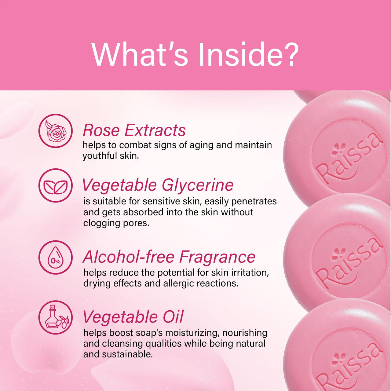 Raissa Bath Soap 85g, (Pack of 6) Nawabi Gulaab, Lavender Love,Mysore Mallige | Alcohol-Free Fragrance | No Harsh Chemicals