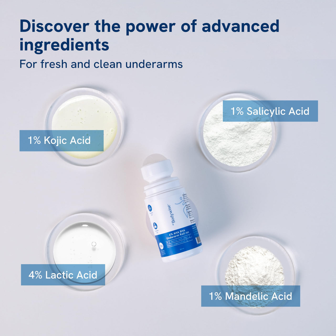 Be Bodywise 6% AHA BHA Underarm Roll On Deodorant | Flora Fragrance | With 1% Mandelic Acid, 4% Lactic Acid,1% Salicylic acid & Kojic Acid | Prevents Body Odour, Fades Pigmentation, Kills Bacteria | Alcohol & Aluminum Free | 50ml