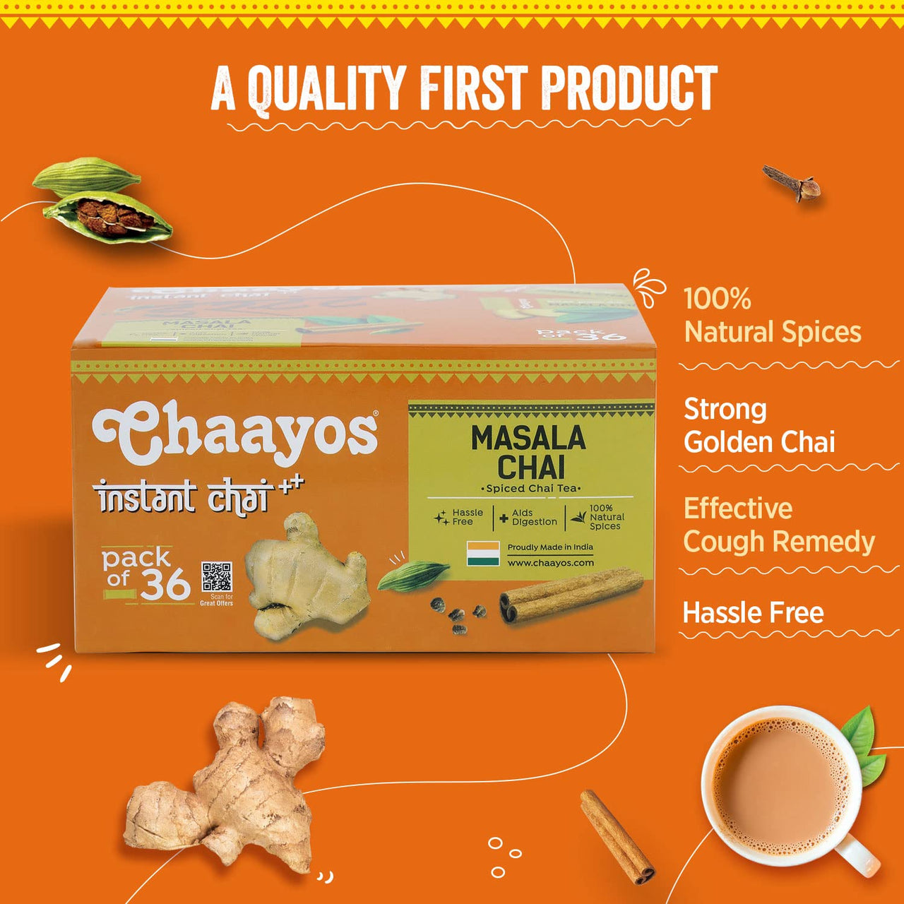 Chaayos Instant Tea Premix - Masala Chai Flavour - Regular Sugar (14 Grams * 36 Sachets) (Makes 504g) | Masala Tea Powder | Premix Tea | Masala Chai | Assam Tea | Desi Chai