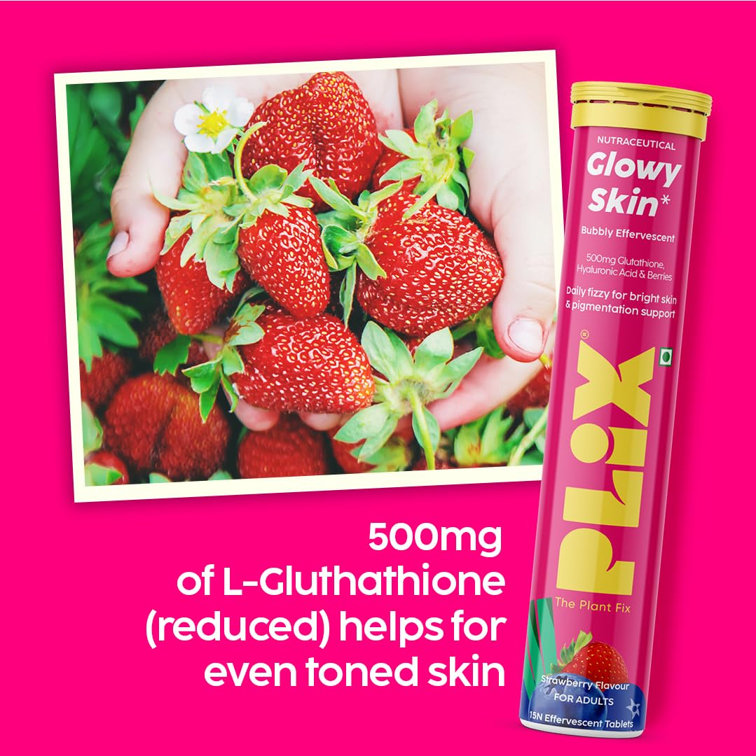 PLIX - THE PLANT FIX Glutathione Tablets With Vitamin C For Clear And Youthful Skin (Pack Of 1, Strawberry) | 15 Collagen Supplements |500mg L-Glutathione, Vitamin E And Hyaluronic Acid