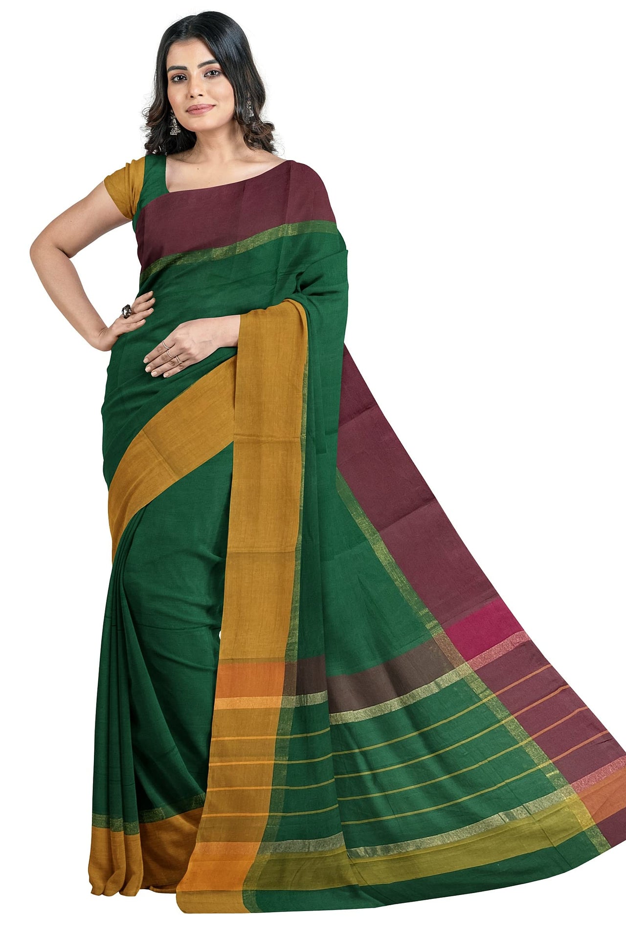 SENSAN Women’s Handloom Kanchi Cotton Saree with Blouse Piece [SKU:430] Light Beige×Navy Blue