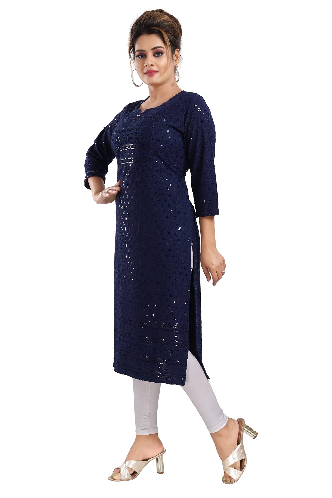 QUEEN SHIELD Women's  Knee Length Rayon Chikan-Kari KurtaKurti (QS_6631)