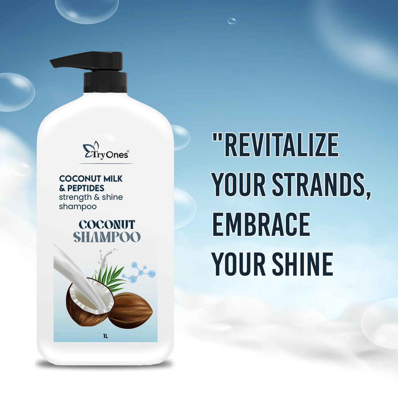 TryOnes Coconut Shampoo for Dull Hair with Coconut Milk and Peptides for Strong & Shiny Hair I Soft, silky hair I Shampoo for Women and Men | 1000ml