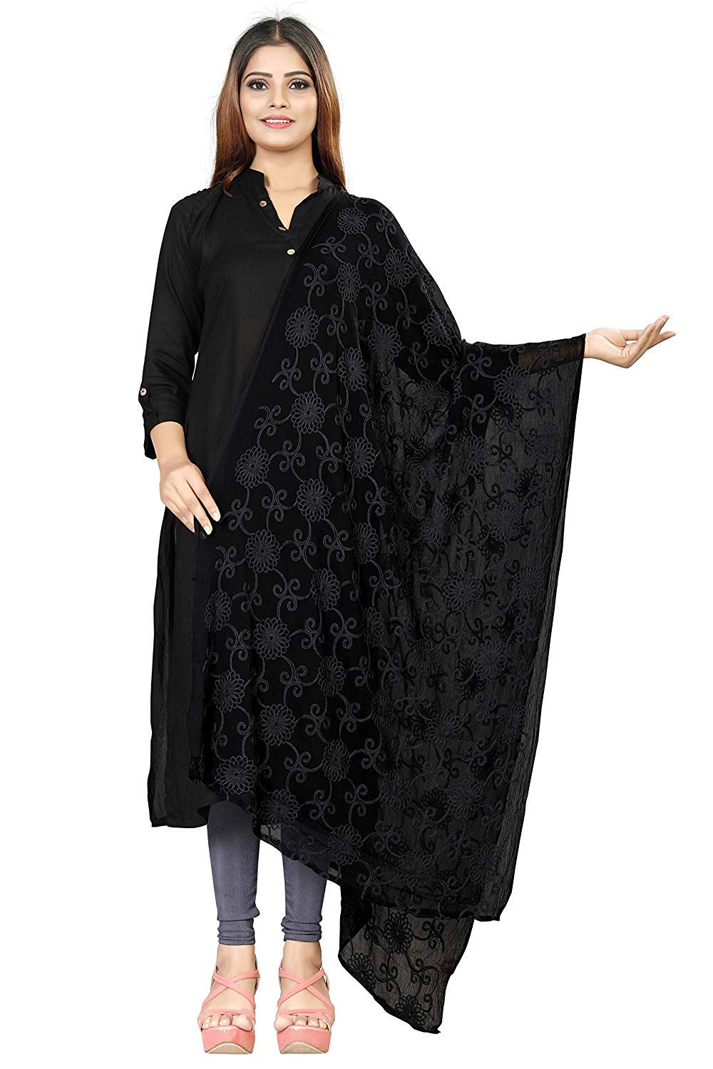 AKSHAR LLC Women's  Designer Pure Chiffon Dupatta with Pure Cotton Thread Embroidery Work