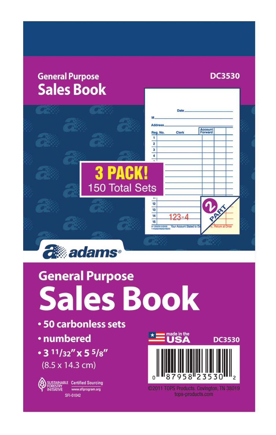 Adams General Purpose Sales Book, 2-Part, Carbonless, White/Canary, 3-11/32 x 5-5/8 Inches, 50 Sets/Book, 3 Books (DC3530) 1