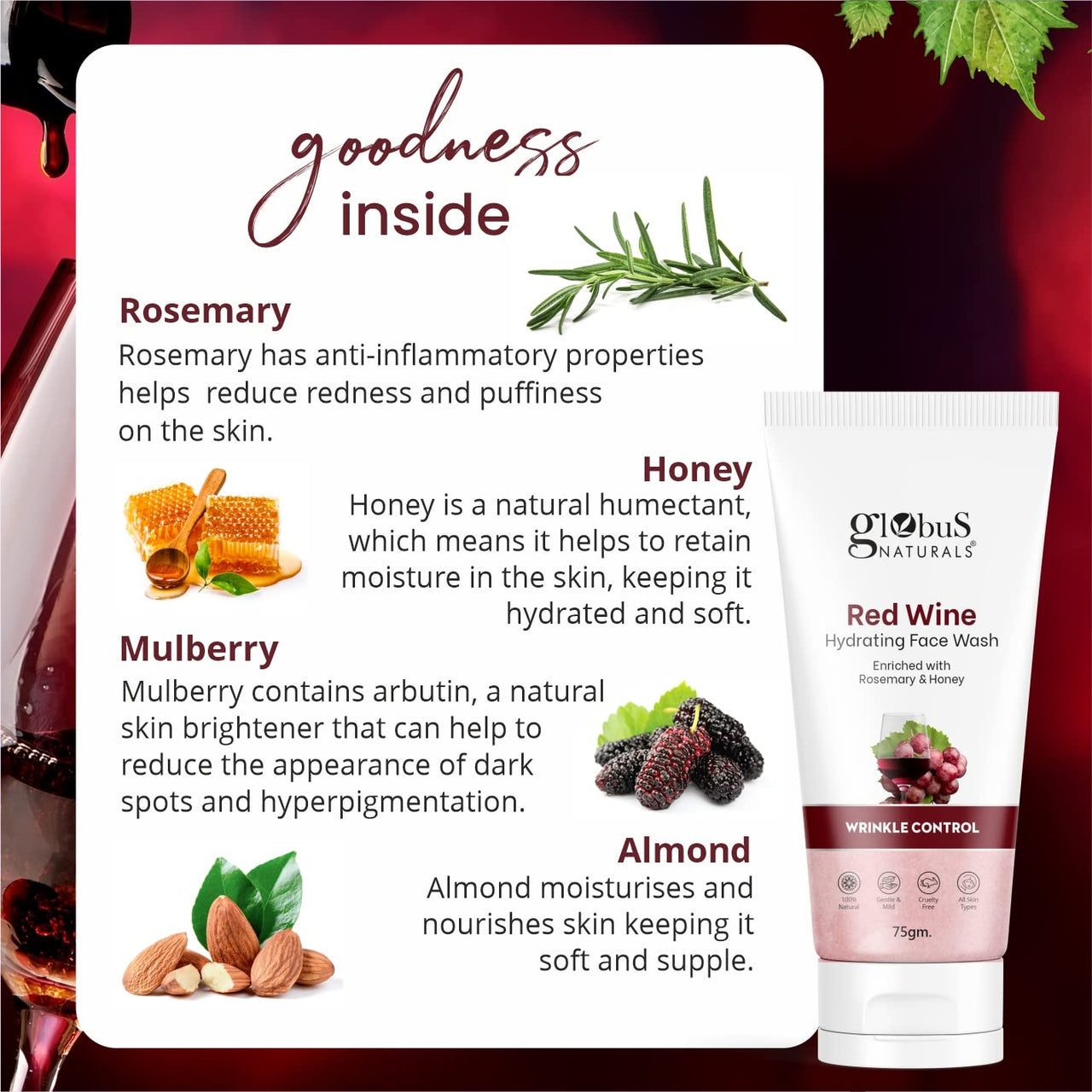 Globus Naturals Red Wine Face Wash & Facial Kit Combo, Anti Ageing Formula, For All Skin Types