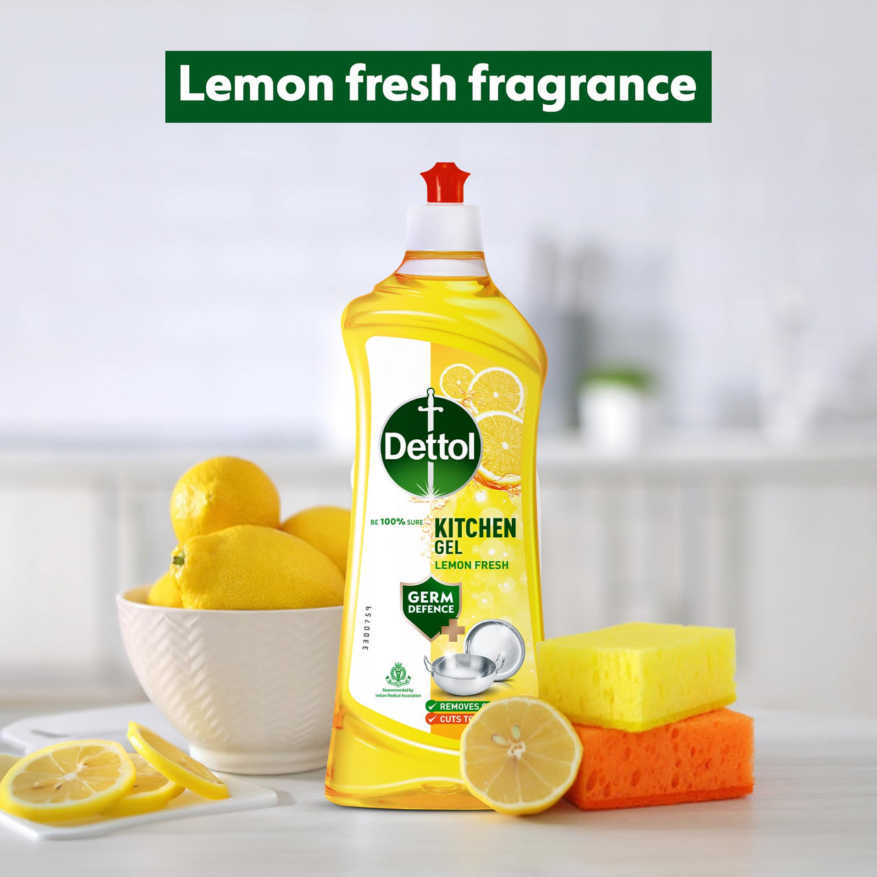 Dettol Lemon Fresh Dishwash liquid and Cleaning Gel || Cuts Tough Grease || Remove germs || 750ml, bottle