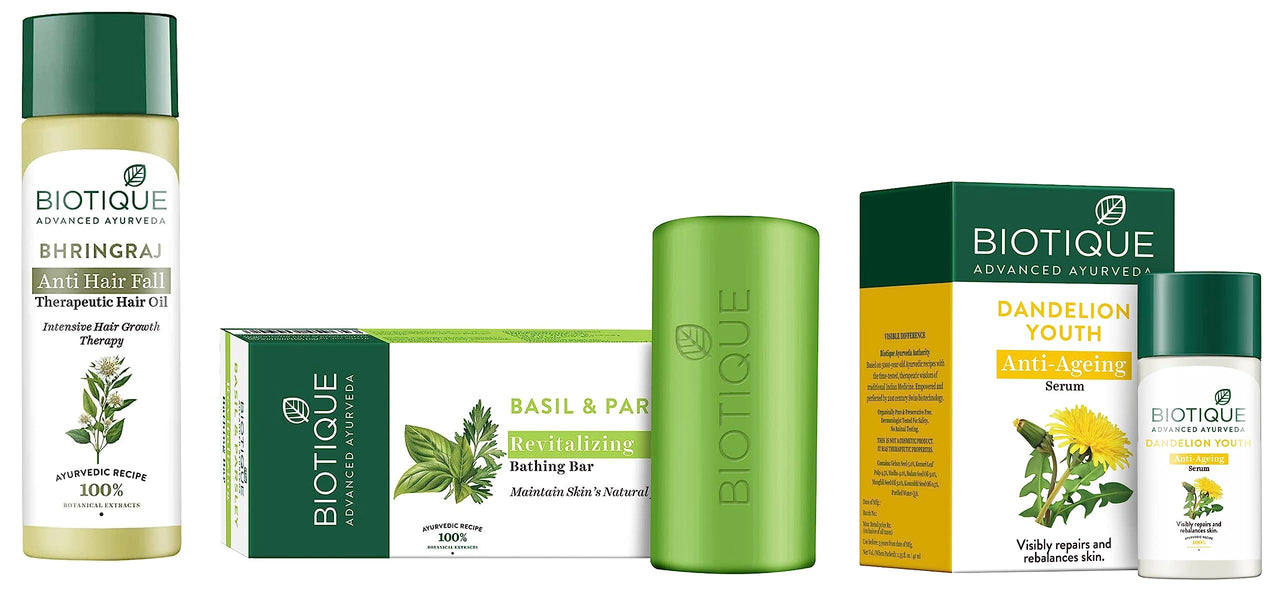 Biotique Dandelion Youth Anti- Ageing Serum For All Skin, 40ml & Bio Therapeutic Hair Oil for Falling Hair Intensive Hair Regrowth 120ml & Basil And Parsley Revitalizing Body Soap, 150g