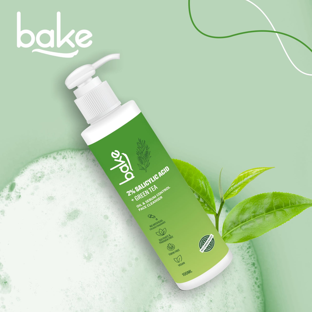 BAKE 2% Salicylic Acid Face Wash For Oily Skin with Green Tea | Sulphate free, Anti Acne Gentle Face Cleanser | Controls Oil & Sebum Production | 100ml (Fresh)