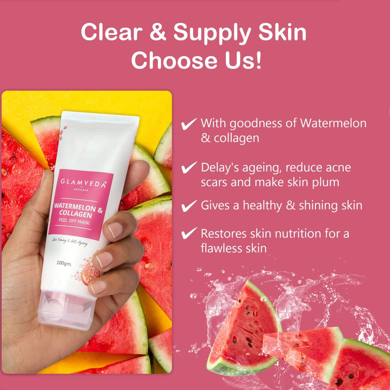 Glamveda Watermelon & Collagen Peel Firming & Anti Aging Off Mask For Women | Reduces Signs of ageing | Gives radiant glow | No Paraben, SLS | 100gm
