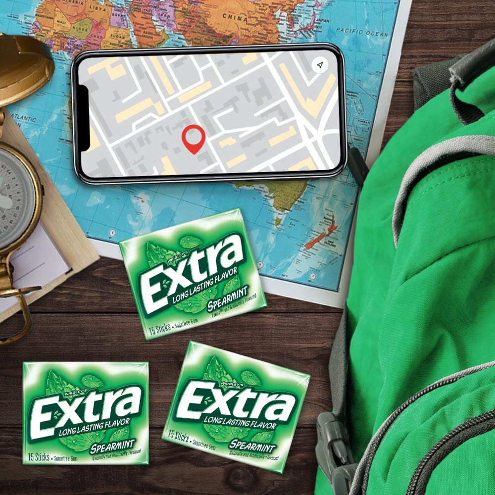 EXTRA Spearmint Sugar Free Chewing Gum Spring Break Travel Accessories, 15 Count (Pack of 3)