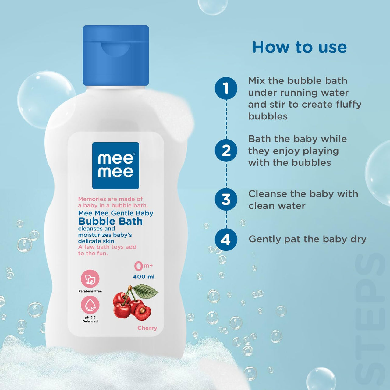 Mee Mee Baby Body Wash | Pk of 1(400ml Each) With Cherry & Fruit Extracts | Tear-Free Formula | Moisturizes and Soothes Skin | Natural Head to Toe Baby Mild Bubble Bath Dermatologically Tested