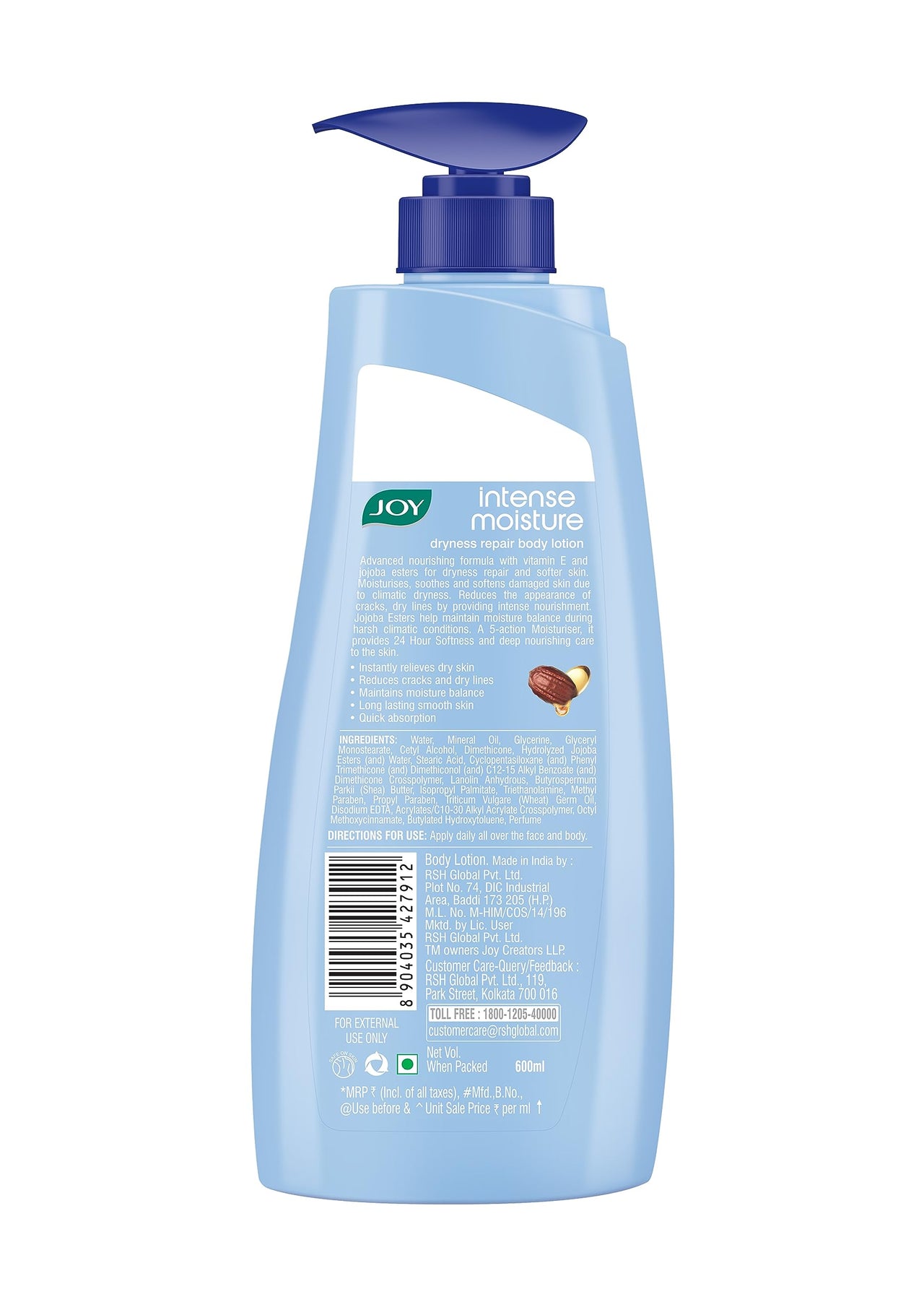 Joy Intense Moisture Body Lotion 600ml | With Shea Butter, Jojoba & Vitamin E | For Normal to Dry Skin | Dryness Repair & 24 Hour Softness | Non Sticky & Non Greasy