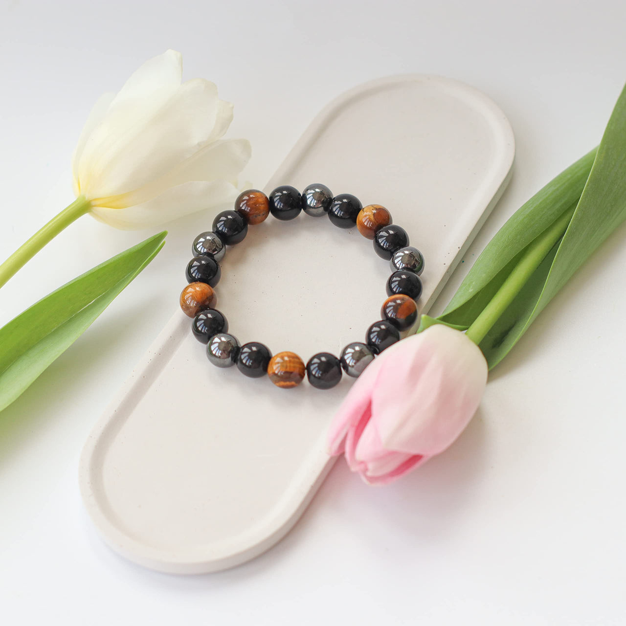Crystal Vibe Triple Protection Bracelet - 10mm Bead Bracelet for women men With Natural Stones of Tiger Eye Hematite and Black Obsidian - Healing Crystal Bracelet for Good Luck Prosperity Happiness