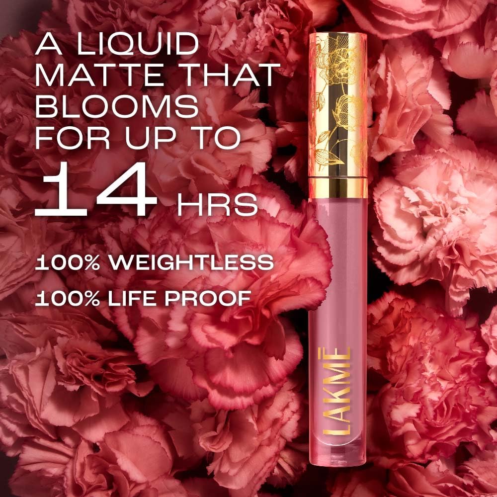 Lakmé Rouge Bloom Matte Lip Liquid, Matte Finish, Longlasting For Up To 14 Hours, Quick Drying & Transfer-Proof, Infused With Vita Rose For Smooth & Moisturised Lips - Carnation Craze