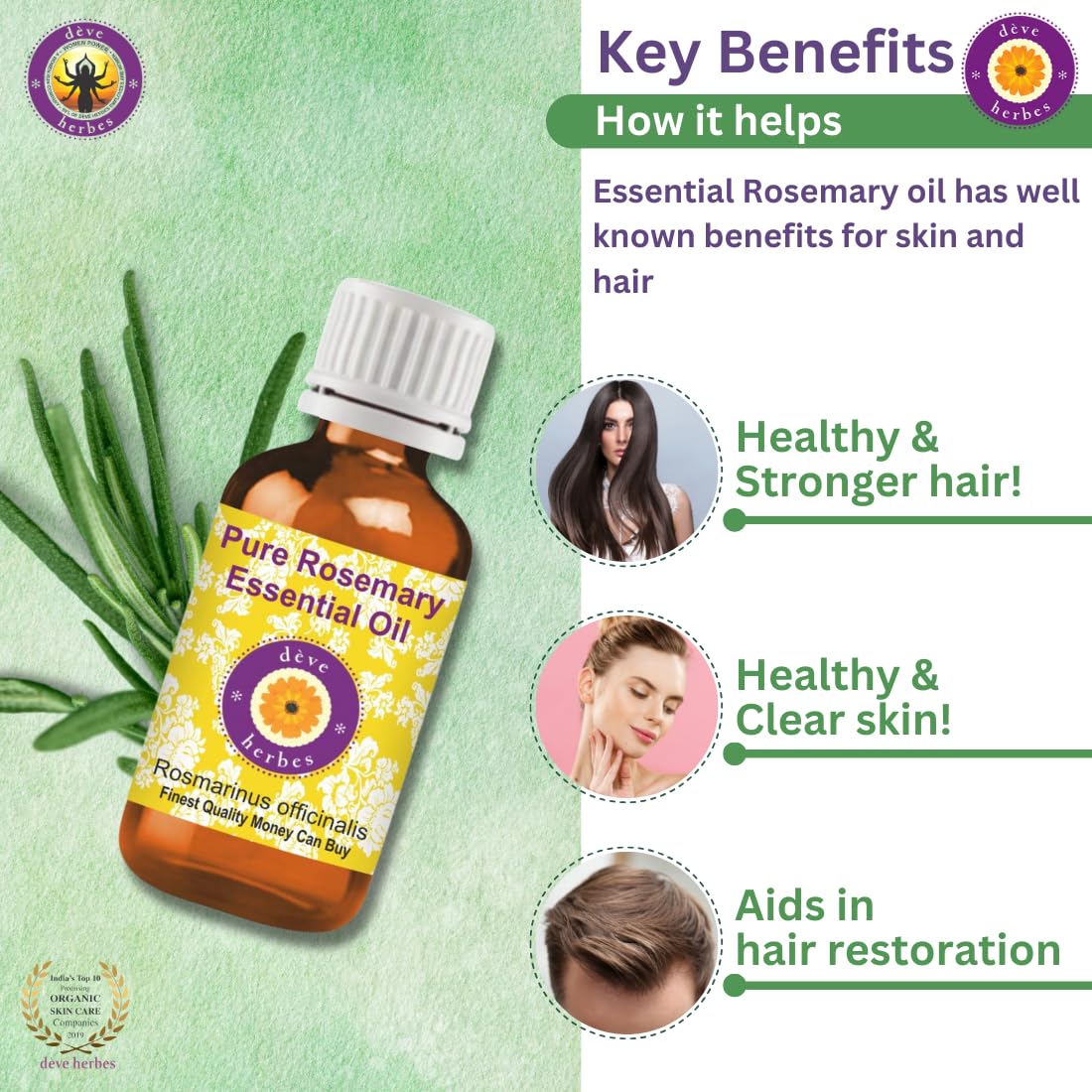 Deve Herbes Rosemary Essential Oil (Rosmarinus officinalis) with Glass Dropper for Healthy Hair Pure | Non-Sticky | Non-greasy | Lightweight | Men & Women | All Skin Types | Steam Distilled 50ml