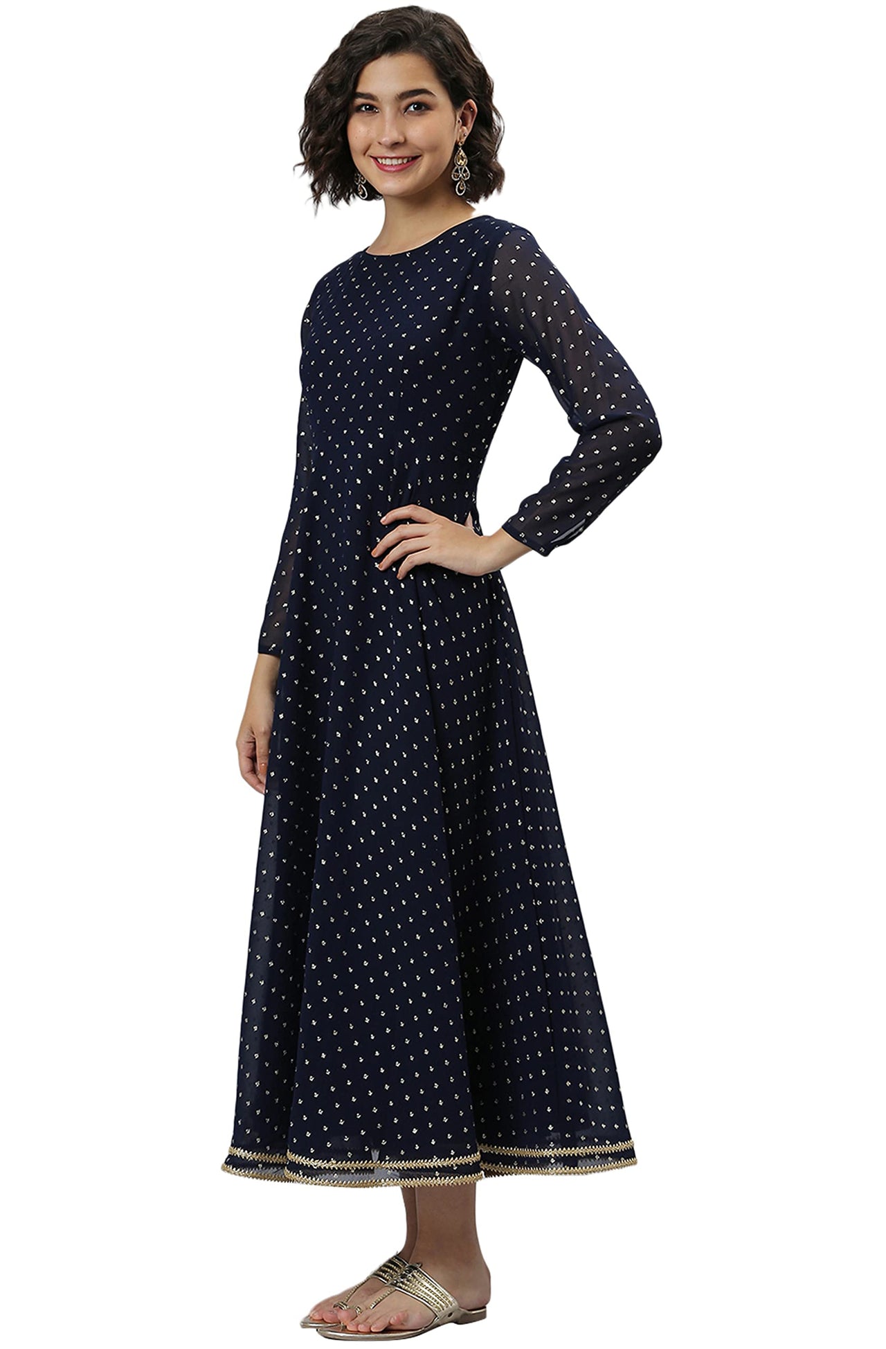 Janasya Women's  Navy Blue Poly Georgette Kurta with Dupatta