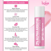 BAKE 2% Alpha Arbutin Tinted Butter Brightening Lip Balm SPF 55 PA++++ with Niacinamide, Lactic Acid | For Dark, Pigmented, Dry & Chapped Lips | Brightens Pigmented Lips | UVA/B Rays Sun Protection - 5g
