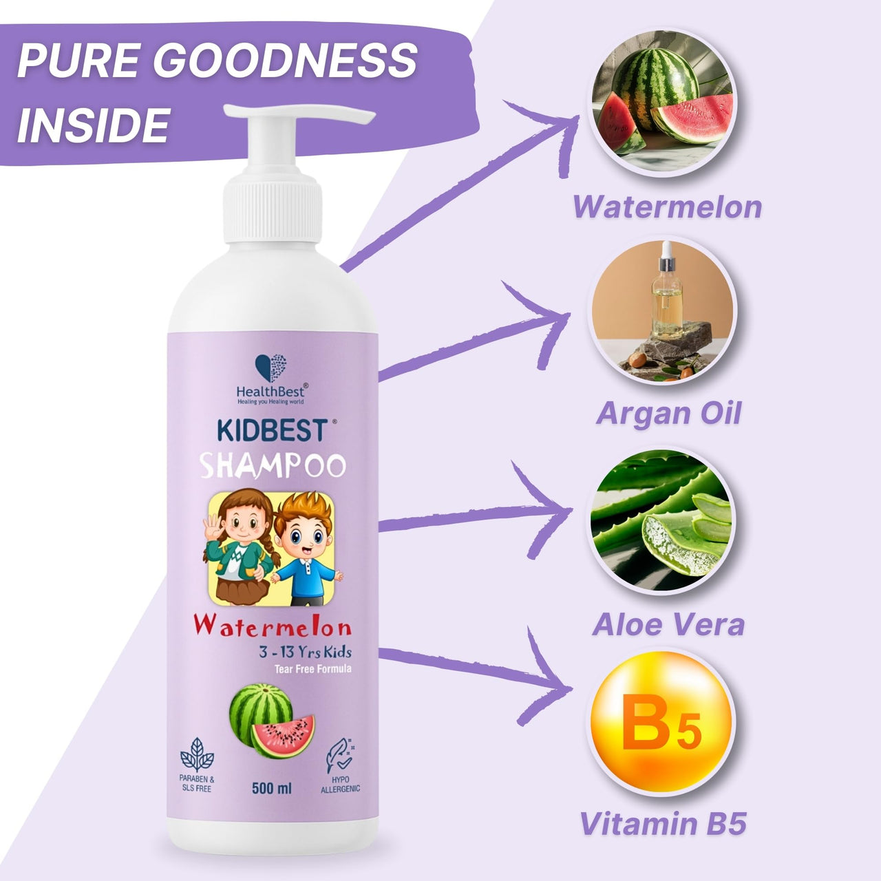 HealthBest Kidbest Hair SHAMPOO for Kids | Extra Nourishing | Dry & Damaged to normal Hair | Tear, Paraben, SLS free | 500ml